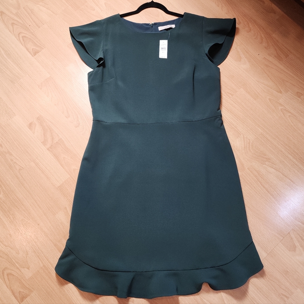 NWT 16T Ann Taylor Loft Green Flounce Flutter-Sleeve Knee Length Dress 16 Tall